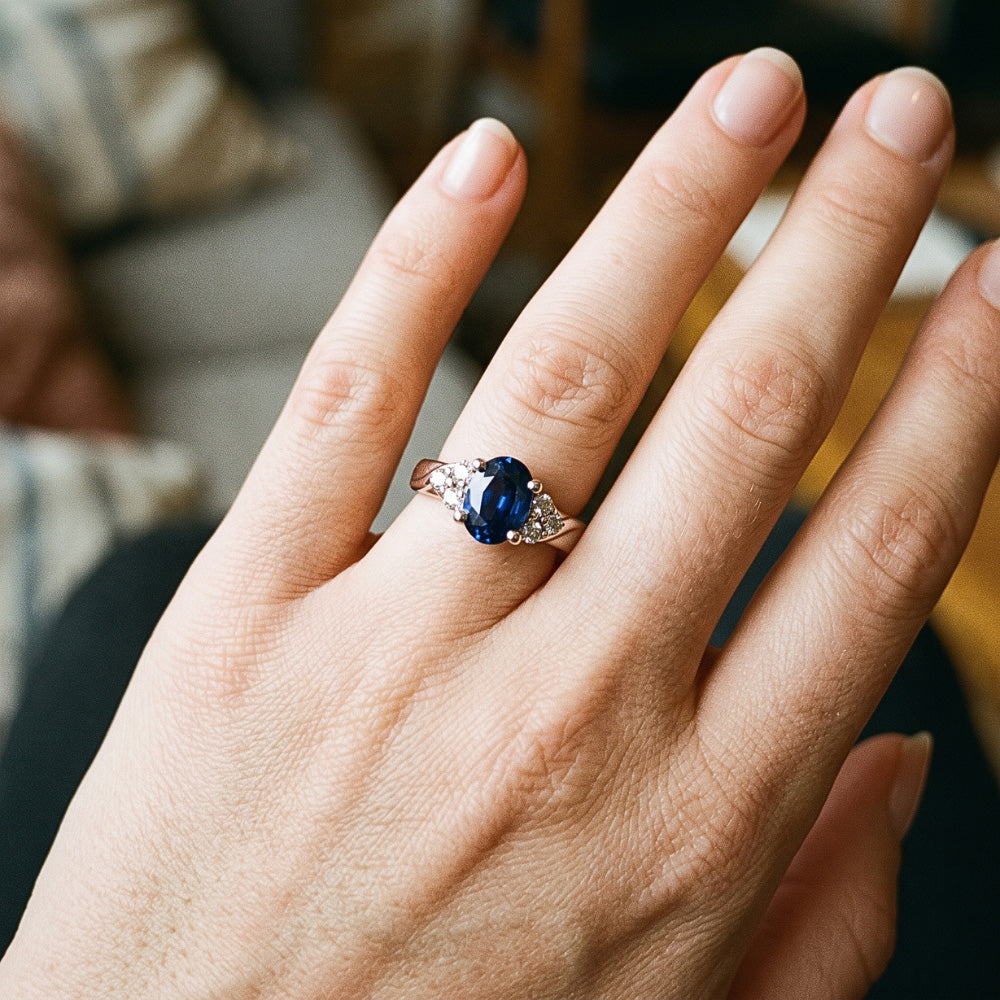 Gemstone Ring Oval Cut Blue Sapphire & Natural Earth Mined Diamonds 3 Carats White Gold
