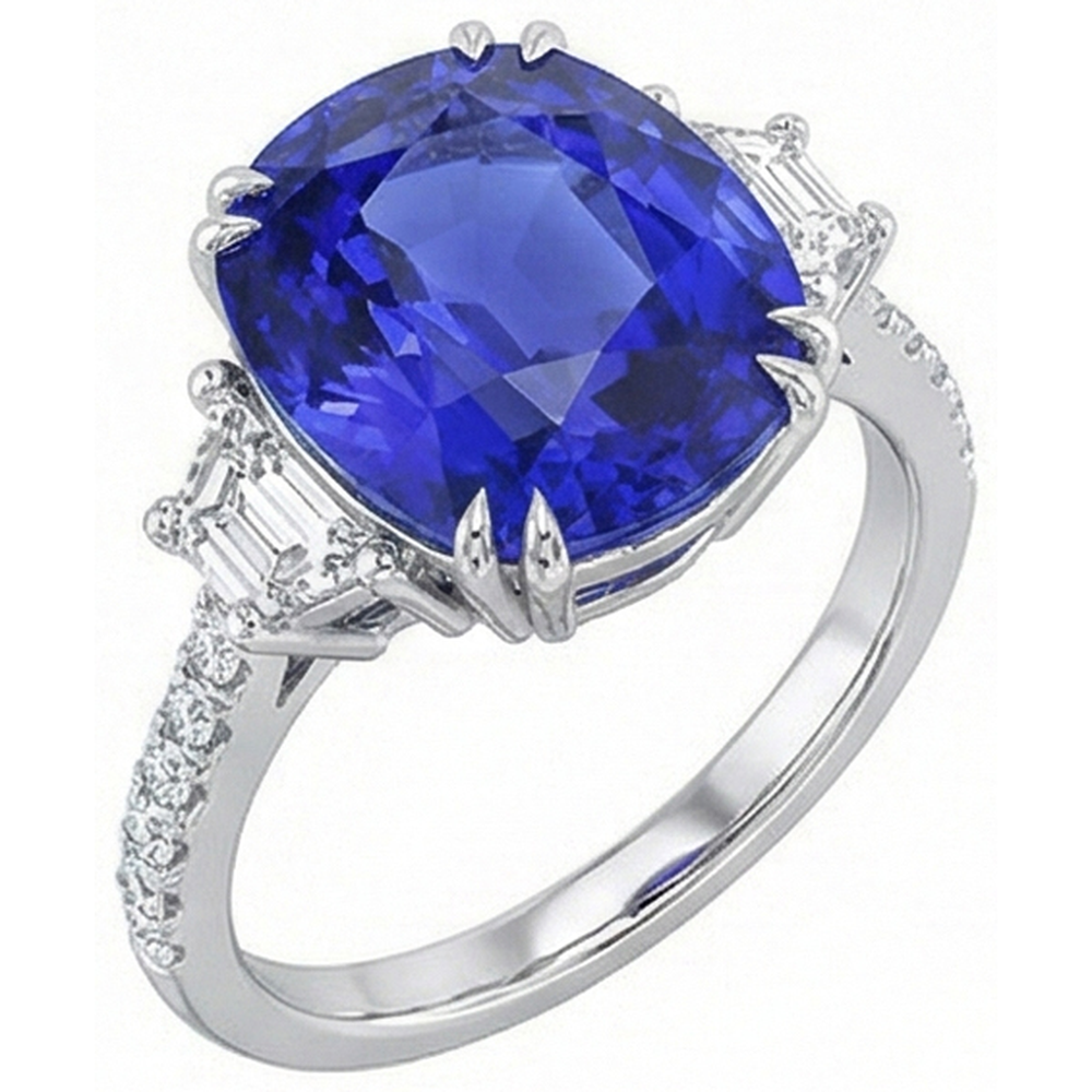 Gemstone Ring Oval Sapphire Trapezoid & Pave Set Natural Earth Mined Diamonds 5.50 Carats
