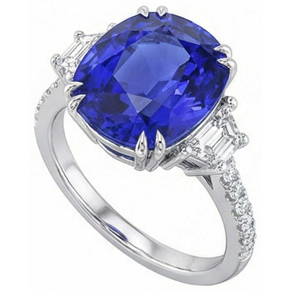 Gemstone Ring Oval Sapphire Trapezoid & Pave Set Natural Earth Mined Diamonds 5.50 Carats