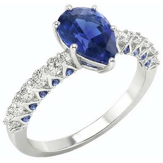Gemstone Ring Pear With Round Blue Sapphire & Natural Earth Mined Diamond Accents 3 Carats