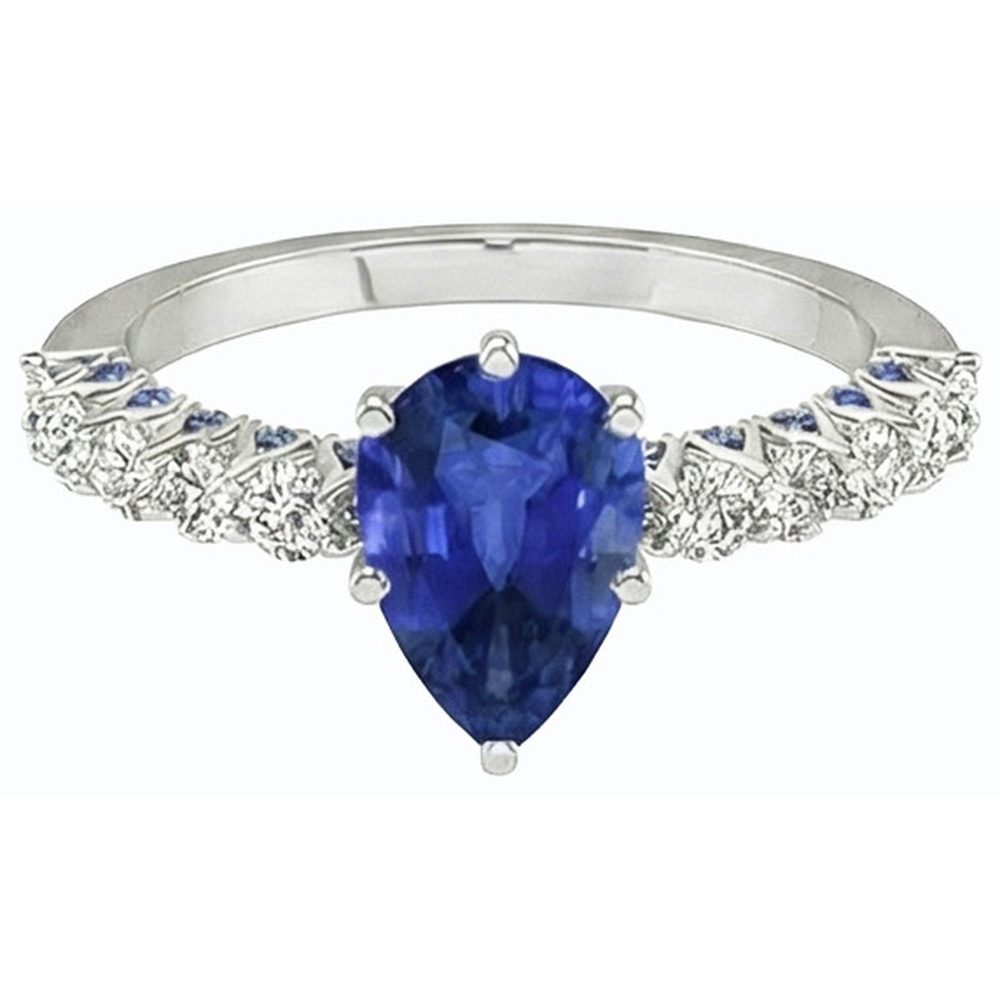 Gemstone Ring Pear With Round Blue Sapphire & Natural Earth Mined Diamond Accents 3 Carats