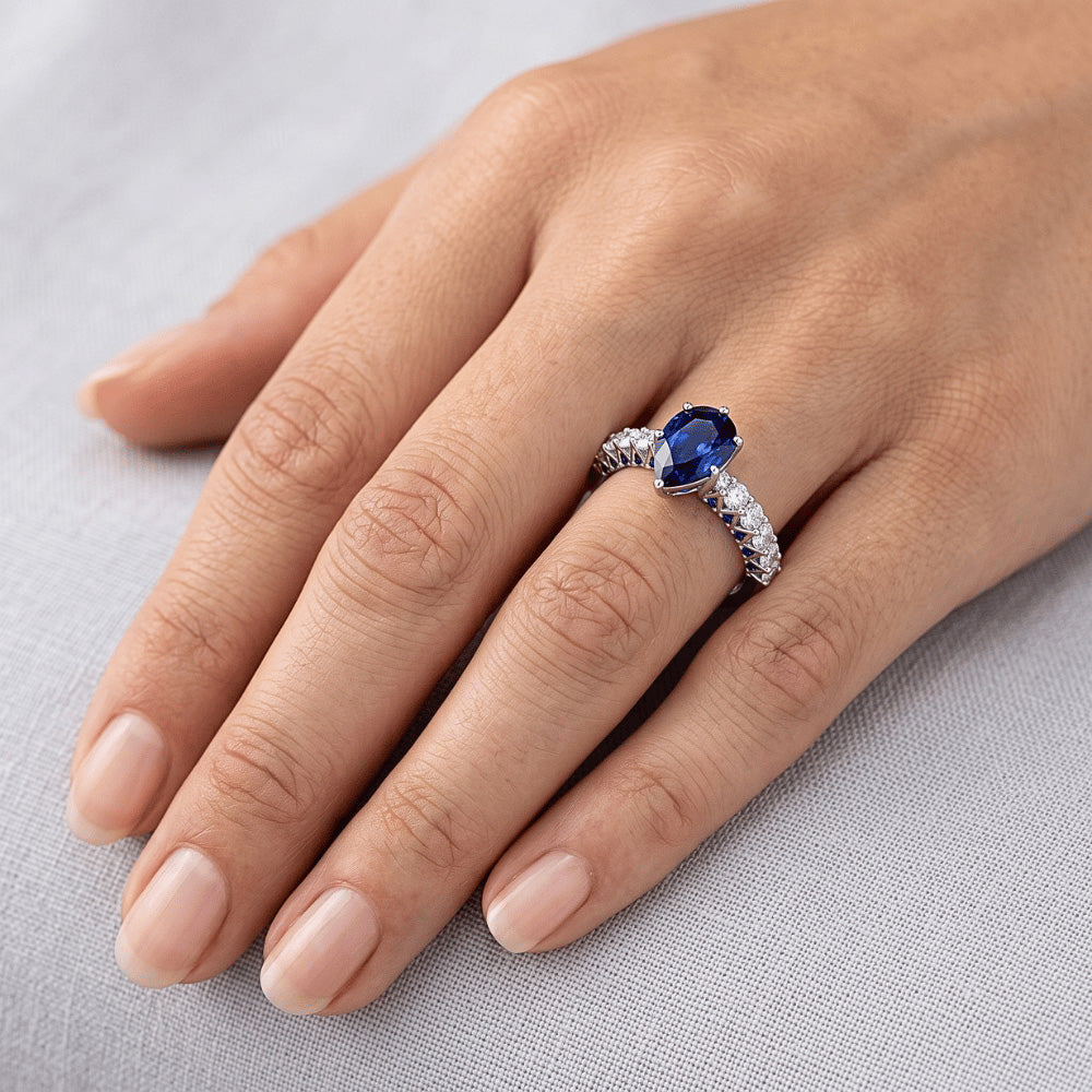 Gemstone Ring Pear With Round Blue Sapphire & Natural Earth Mined Diamond Accents 3 Carats