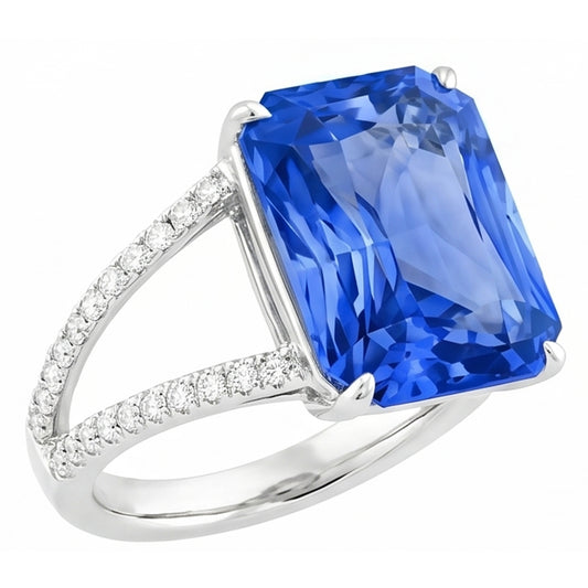 Gemstone Ring Radiant Blue Sapphire Split Shank Round Natural Earth Mined Diamond 5 Carats