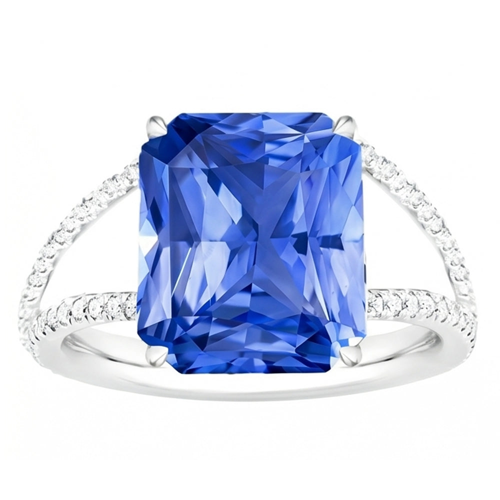 Gemstone Ring Radiant Blue Sapphire Split Shank Round Natural Earth Mined Diamond 5 Carats