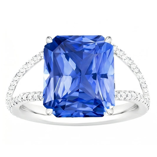 Gemstone Ring Radiant Blue Sapphire Split Shank Round Natural Earth Mined Diamond 5 Carats