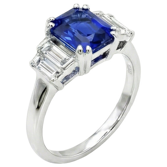 Gemstone Ring Radiant Cut Ceylon Sapphire & Baguette Natural Earth Mined Diamonds 3 Carats