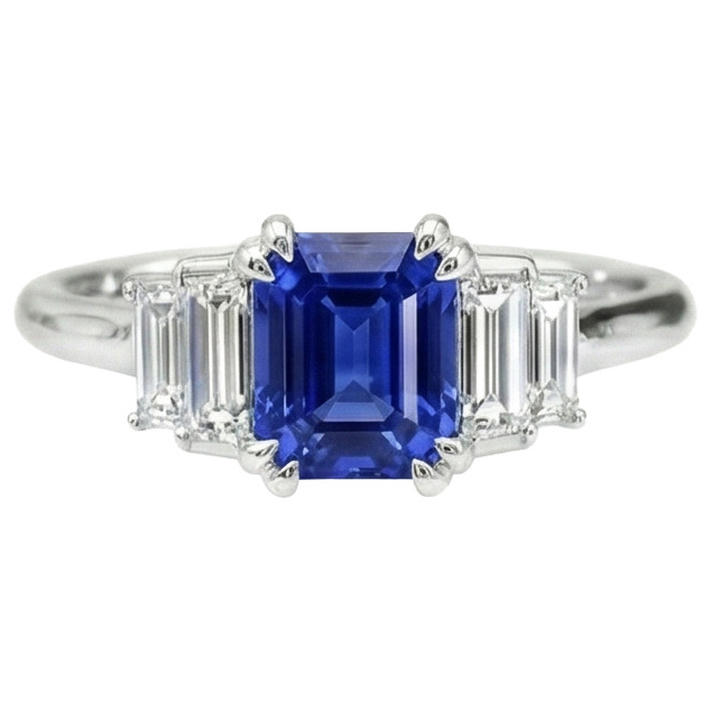 Gemstone Ring Radiant Cut Ceylon Sapphire & Baguette Natural Earth Mined Diamonds 3 Carats