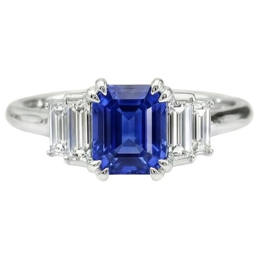 Gemstone Ring Radiant Cut Ceylon Sapphire & Baguette Natural Earth Mined Diamonds 3 Carats
