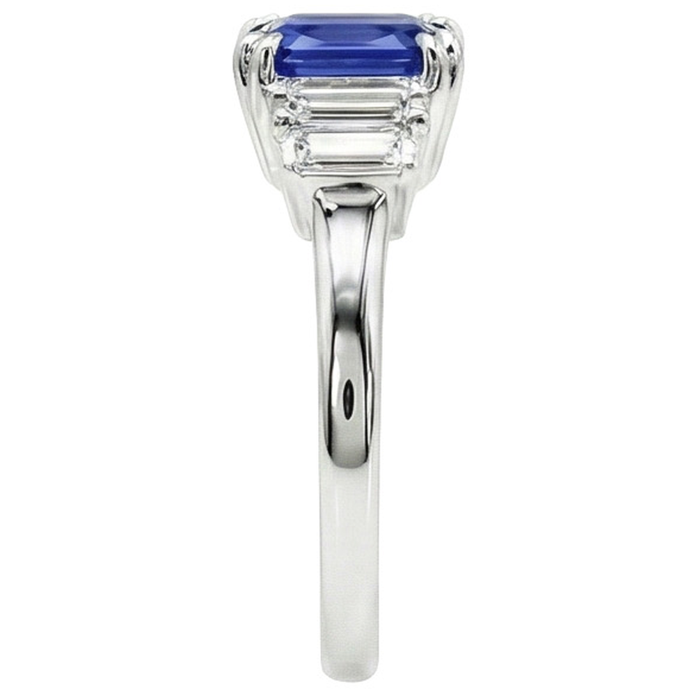 Gemstone Ring Radiant Cut Ceylon Sapphire & Baguette Natural Earth Mined Diamonds 3 Carats