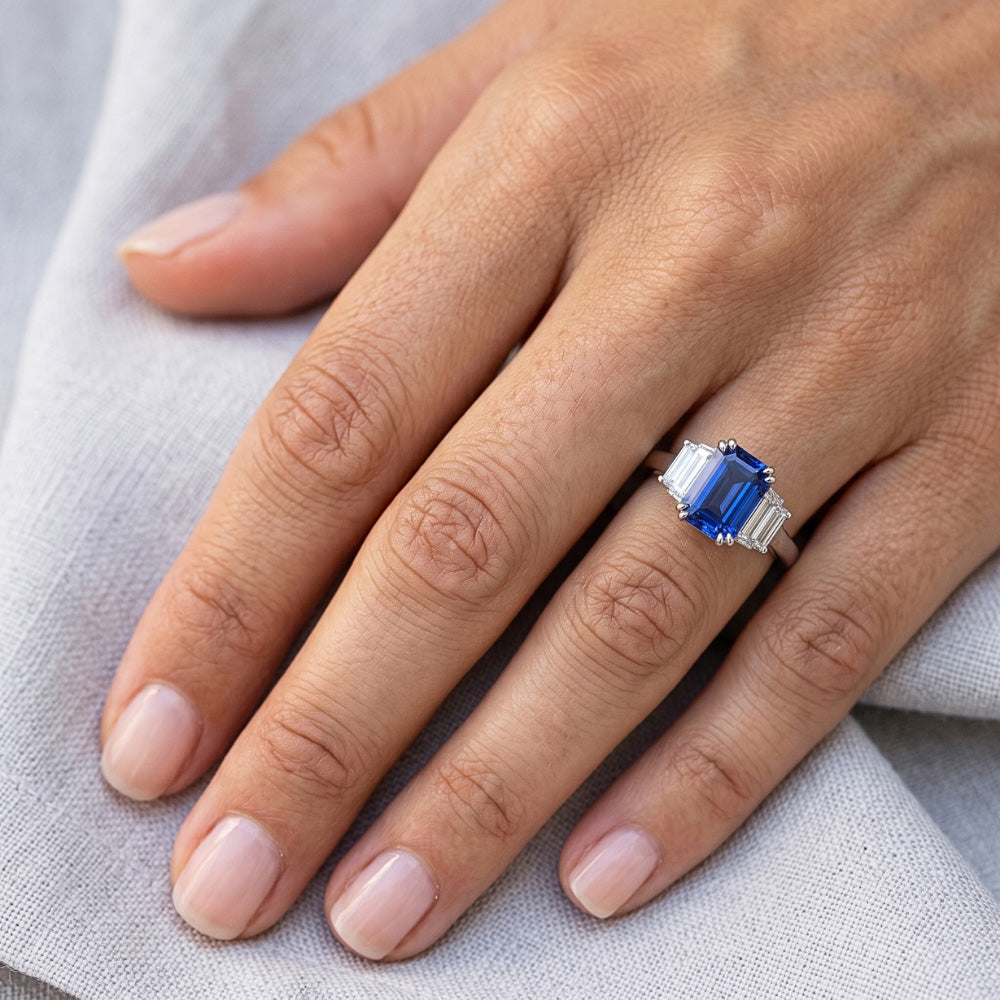 Gemstone Ring Radiant Cut Ceylon Sapphire & Baguette Natural Earth Mined Diamonds 3 Carats