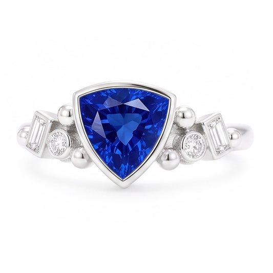 Gemstone Trillion Bezel Set Blue Sapphire Ring 2 Carats Baguette Natural Earth Mined Diamonds
