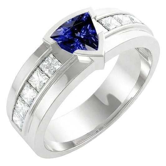 Gemstone Trillion Sapphire Ring 1.50 Carats Channel Set Natural Earth Mined Diamonds