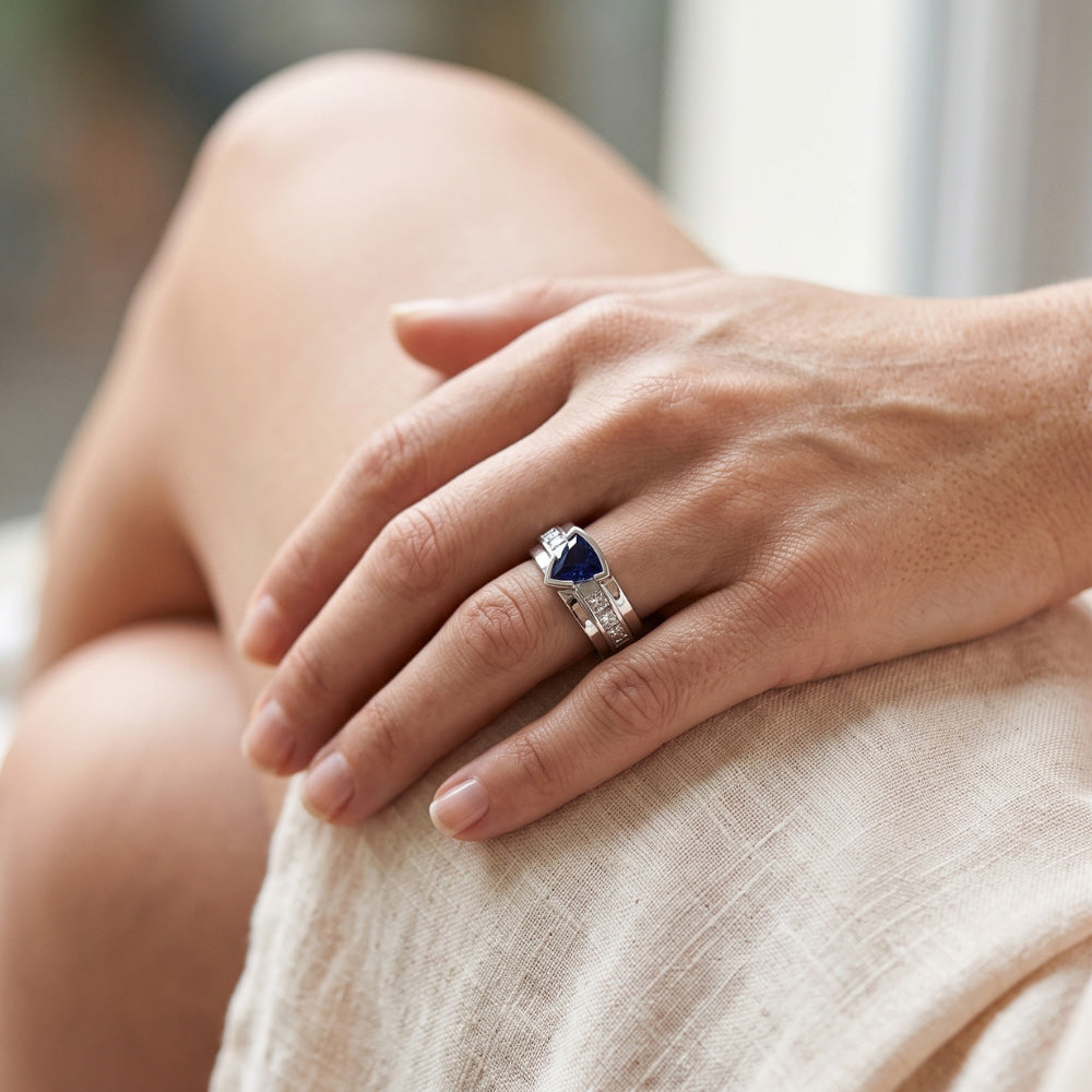 Gemstone Trillion Sapphire Ring 1.50 Carats Channel Set Natural Earth Mined Diamonds