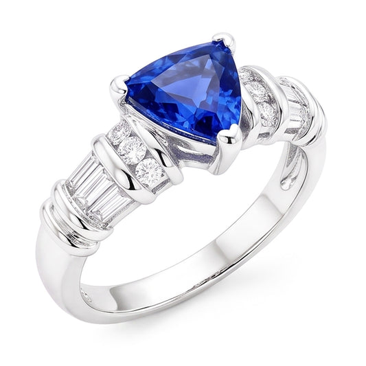 Gemstone Trillion Sapphire Ring Baguette & Round Natural Earth Mined Diamonds 2.50 Carats