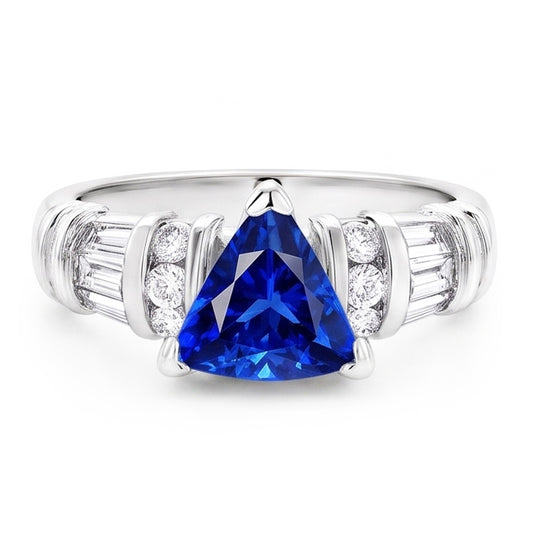 Gemstone Trillion Sapphire Ring Baguette & Round Natural Earth Mined Diamonds 2.50 Carats