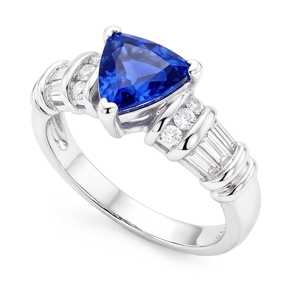 Gemstone Trillion Sapphire Ring Baguette & Round Natural Earth Mined Diamonds 2.50 Carats