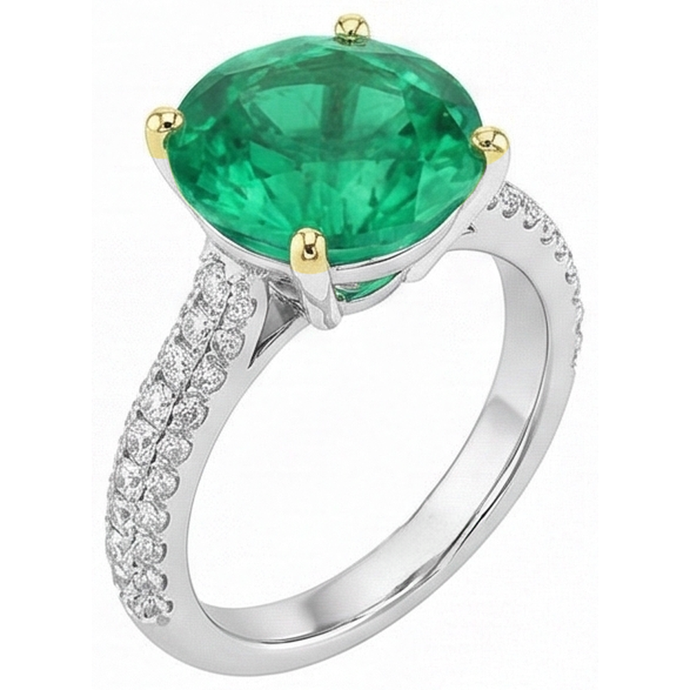 Round Brilliant Fine Emerald ring in 14 Karat Two Tone Gold – front view