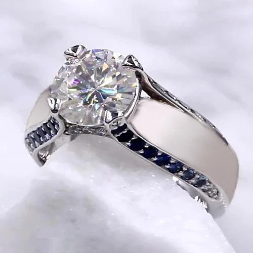 Genuine Diamond Engagement Ring 3.50 Carats Blue Sapphire Accents Jewelry