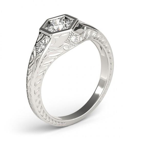 Genuine Diamond Engagement Ring Engraved Antique Style  WG 14K