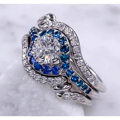 Genuine Diamond Ring Set 3.50 Carats Blue Sapphire Women Jewelry