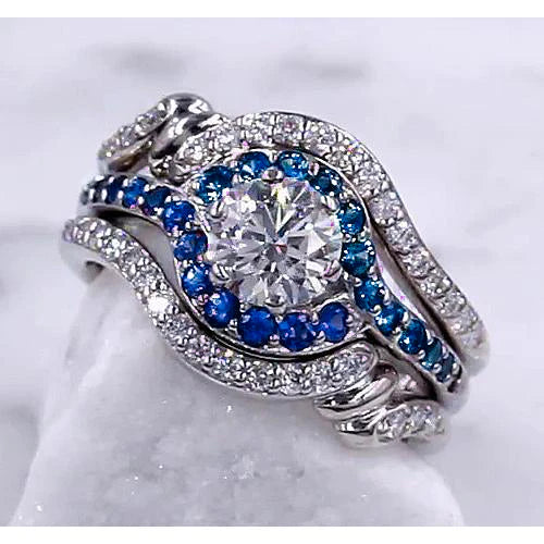 Genuine Diamond Ring Set 3.50 Carats Blue Sapphire Women Jewelry