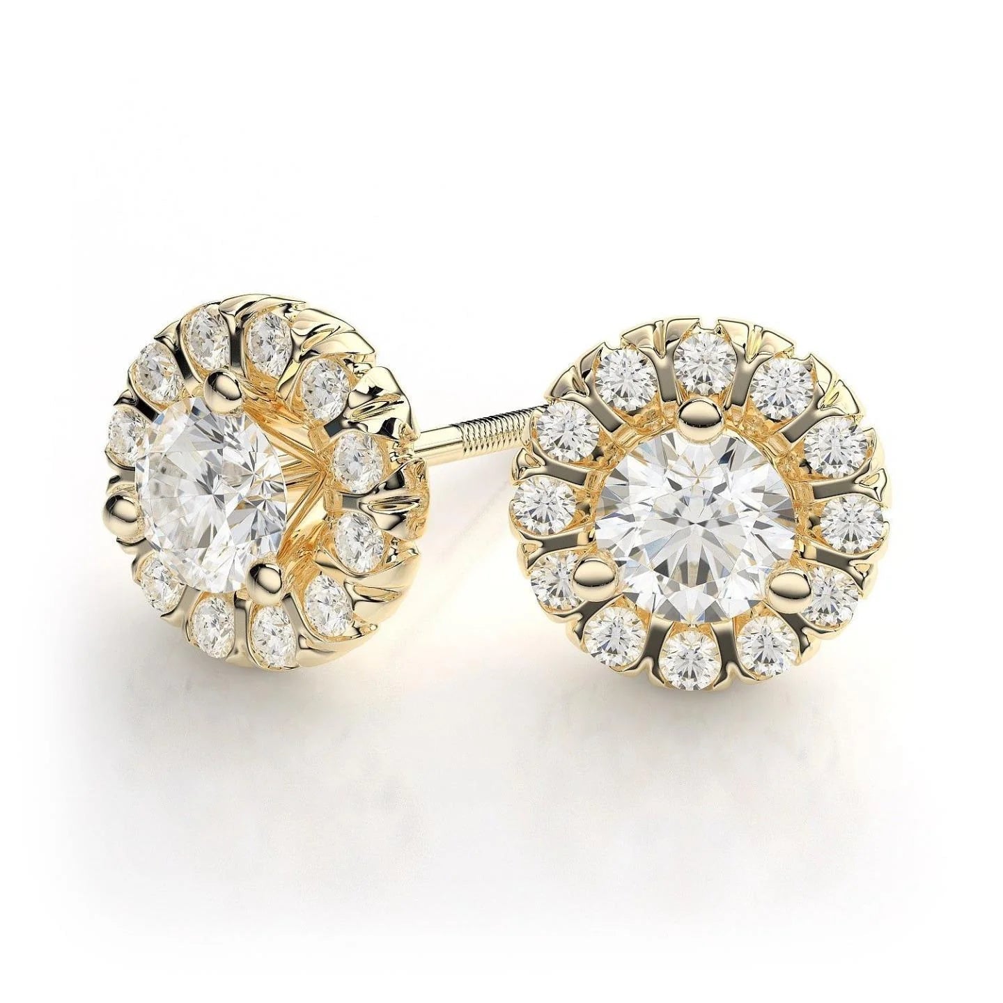Genuine Diamonds Women Studs Halo Earrings 2.60 Carats Yellow Gold 14K