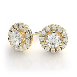 Genuine Diamonds Women Studs Halo Earrings 2.60 Carats Yellow Gold 14K