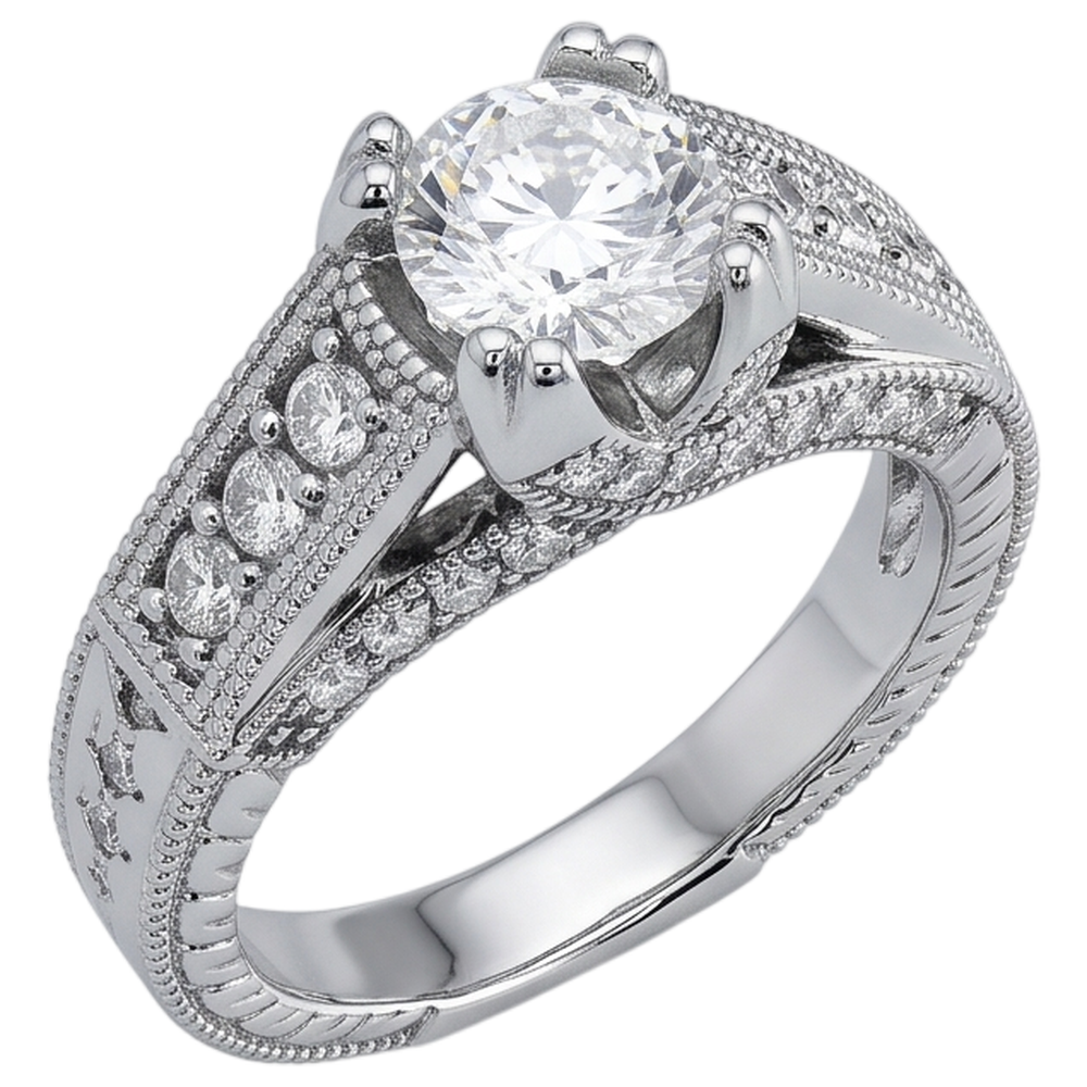 Genuine Engagement Ring Cathedral Setting Antique Style White Gold 14K