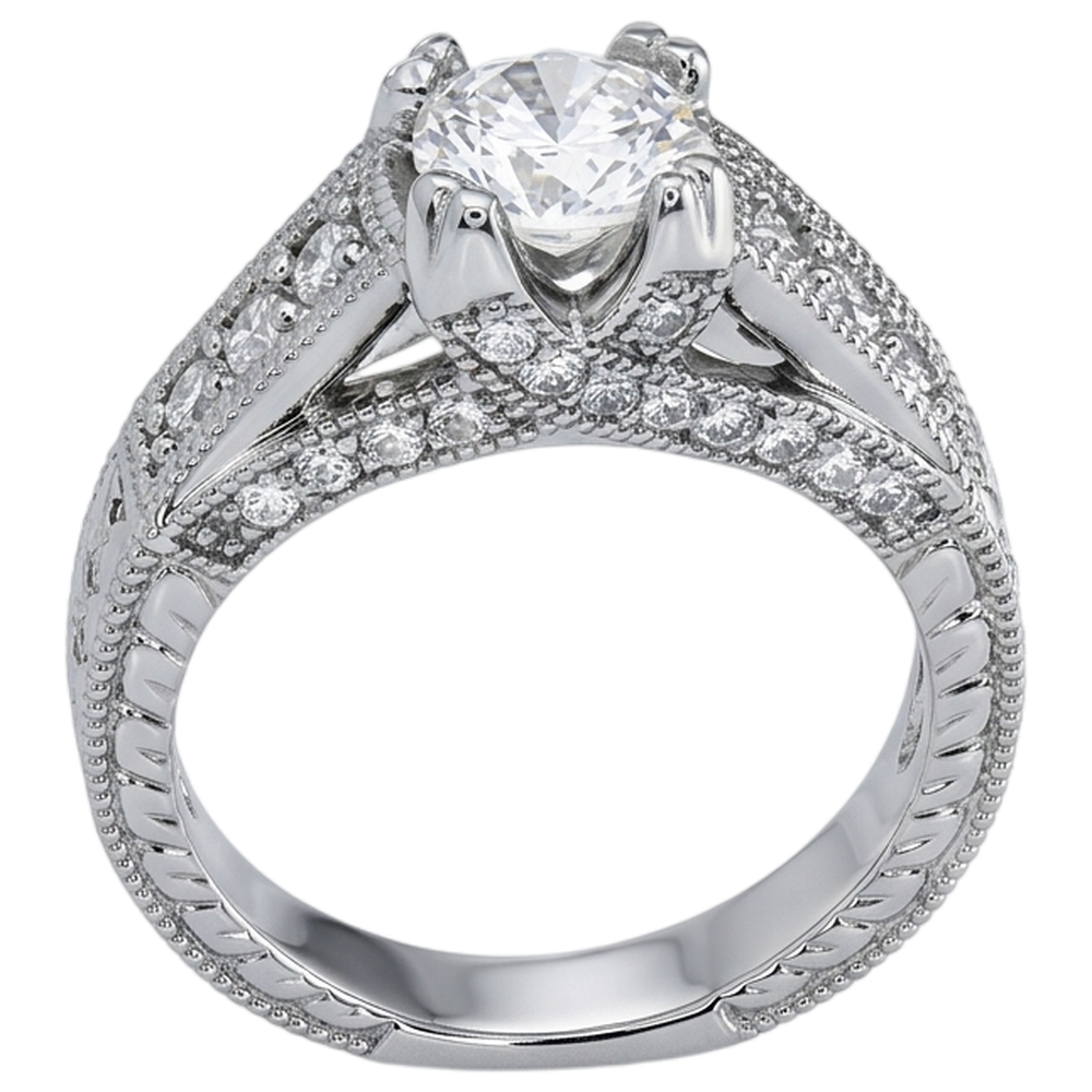 Genuine Engagement Ring Cathedral Setting Antique Style White Gold 14K
