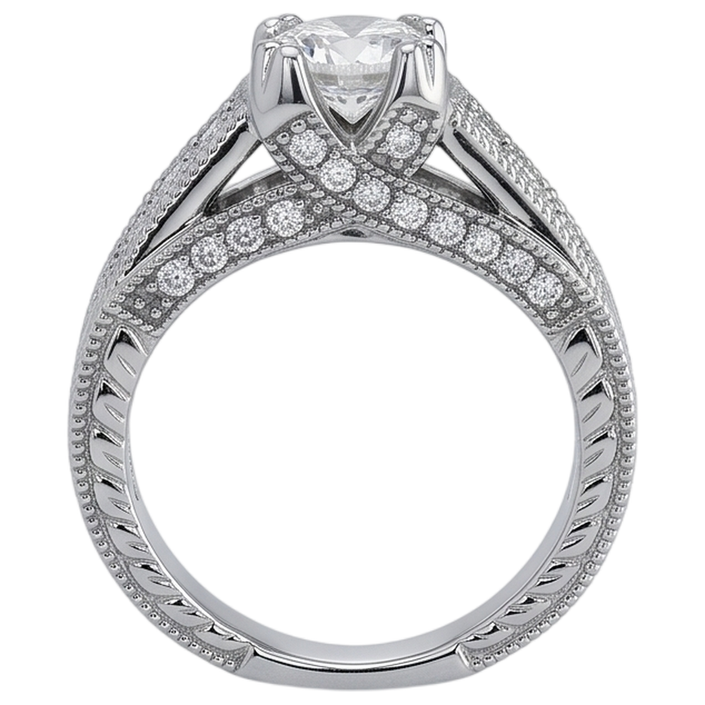Genuine Engagement Ring Cathedral Setting Antique Style White Gold 14K