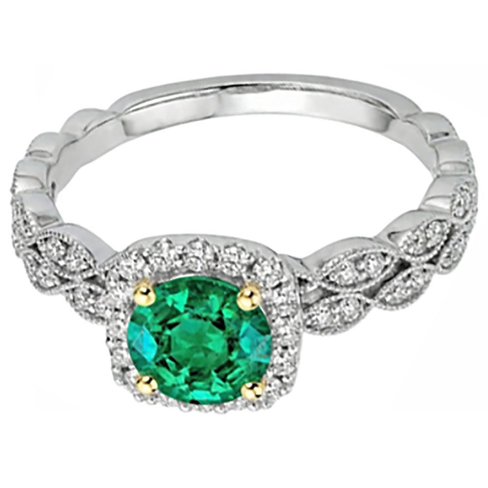 Colombian Emerald Round Brilliant Colored Stone Ring in 14K Two Tone Gold – side view