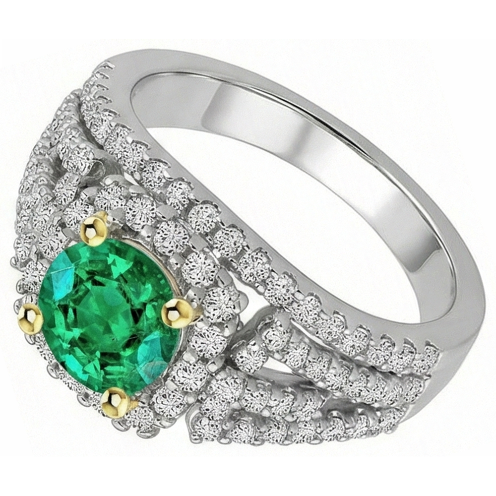 Emerald Round Cut Gemstone Ring in Two-Tone 14K Gold – side view
