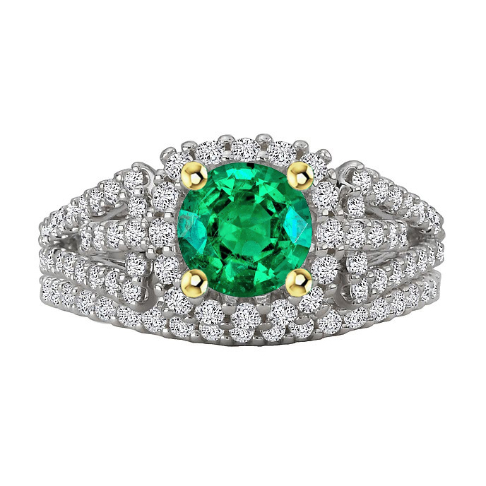 Emerald Round Cut Gemstone Ring in Two-Tone 14K Gold – main view