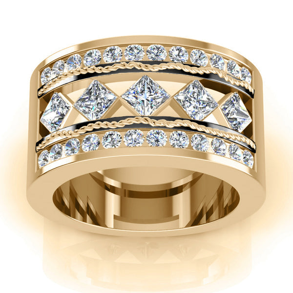 Genuine Men's Ring Rope Wave 5 Stone Band Black Gold Accents 3.75 Carats