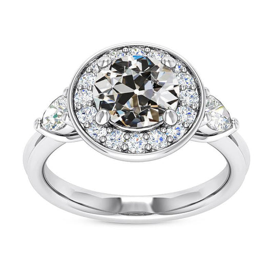 Genuine Pear & Round Old Cut Diamond Halo Ring 3 Stone Style 6.50 Carats