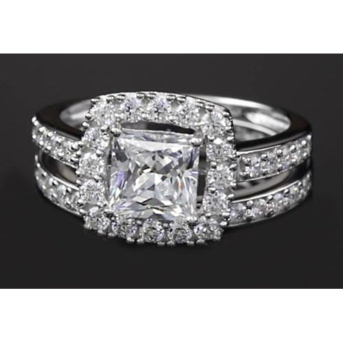 Genuine Princess Cut Diamond 3 Carats Halo Ring Split Shank Style