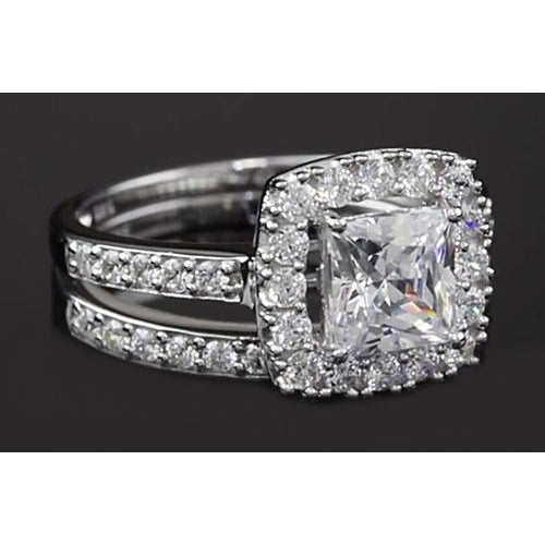 Genuine Princess Cut Diamond 3 Carats Halo Ring Split Shank Style