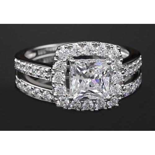 Genuine Princess Cut Diamond 3 Carats Halo Ring Split Shank Style