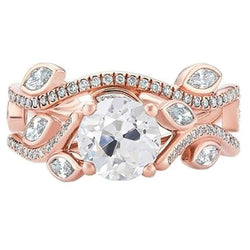 Genuine Rose Gold Old Cut Diamond Engagement Ring Band Set 2.75 Carats