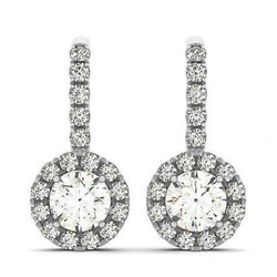 Genuine Round Diamonds 2.50 Carats Halo Dangle Earrings White Gold 14K