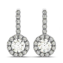 Genuine Round Natural Earth Mined Diamonds 2.50 Carats Halo Dangle Earrings White Gold 14K