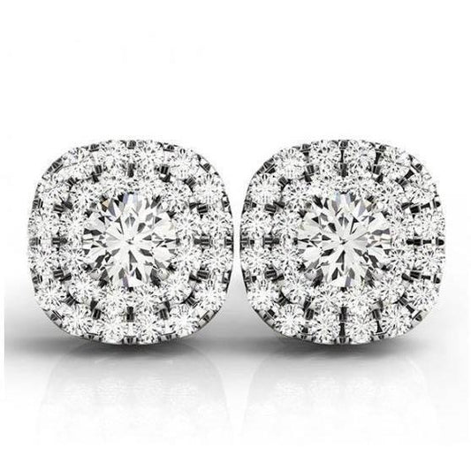 Genuine Round Double Halo Diamond Stud Earring Pair 2.56 Carats White Gold 14K