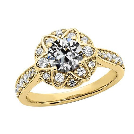 Genuine Round Old Cut Diamond Halo Ring Star Style 14K Gold 4.25 Carats