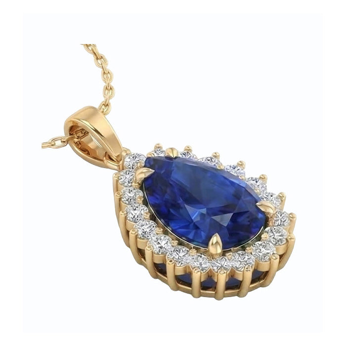 Genuine Teardrop Blue Sapphire Pendant With Natural Earth Mined Diamonds