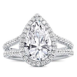 Genuine White Gold 14K Pear And Round Cut Halo 4.00 Carats Diamond Ring