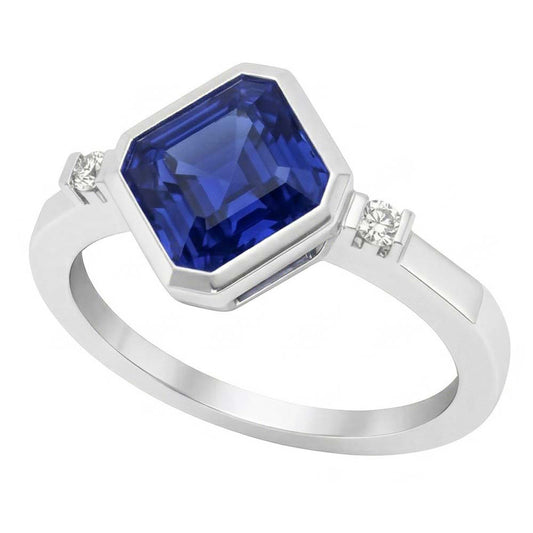 Gold 3 Stone Natural Earth Mined Diamond Asscher Sapphire Ring 2.75 Carats Bezel & Bar Set