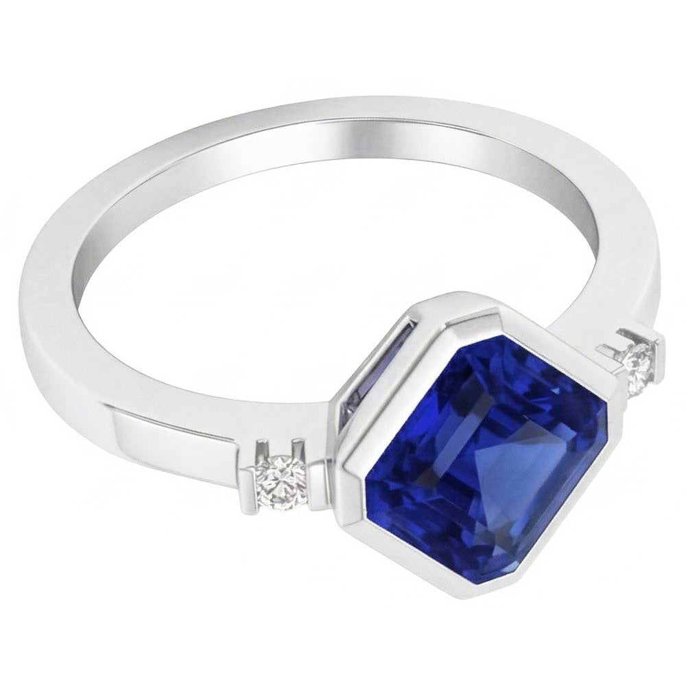 Gold 3 Stone Natural Earth Mined Diamond Asscher Sapphire Ring 2.75 Carats Bezel & Bar Set