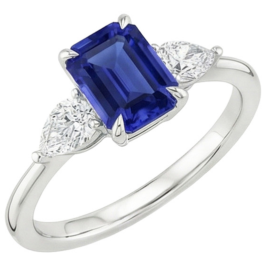 Gold 3 Stone Ring Emerald Cut Blue Sapphire & Pear Natural Earth Mined Diamond 3.50 Carats