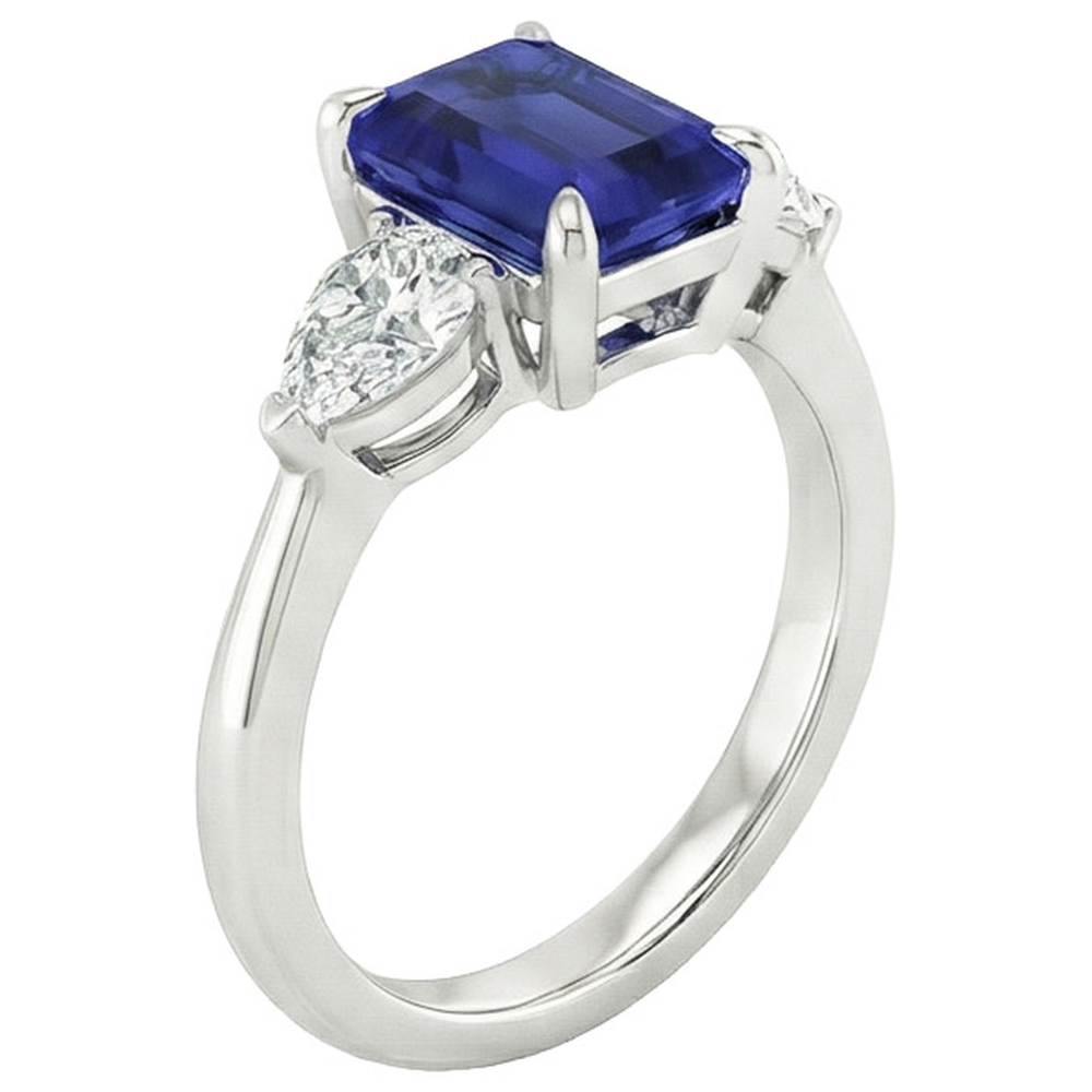 Gold 3 Stone Ring Emerald Cut Blue Sapphire & Pear Natural Earth Mined Diamond 3.50 Carats