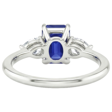 Gold 3 Stone Ring Emerald Cut Blue Sapphire & Pear Natural Earth Mined Diamond 3.50 Carats